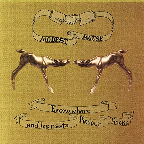 Modest Mouse album cover: two deer facing each other, gold background.