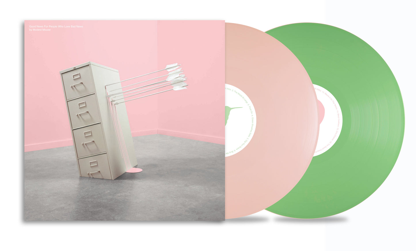 Modest Mouse vinyl album cover with a filing cabinet and two colored vinyl records.