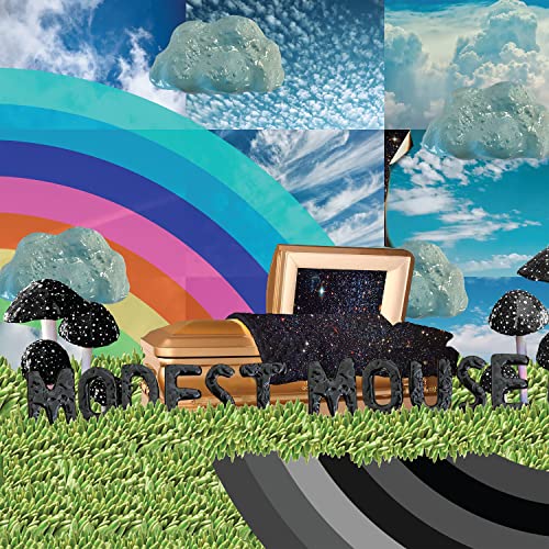 A gold casket on grass with a rainbow, clouds, and text reading Modest Mouse.