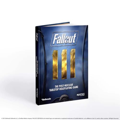 Fallout tabletop roleplaying game core rulebook featuring a blue cover with gold 111 text.