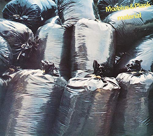 CD cover: black plastic sacks stacked, with yellow text "Moebius & Plank - Material".