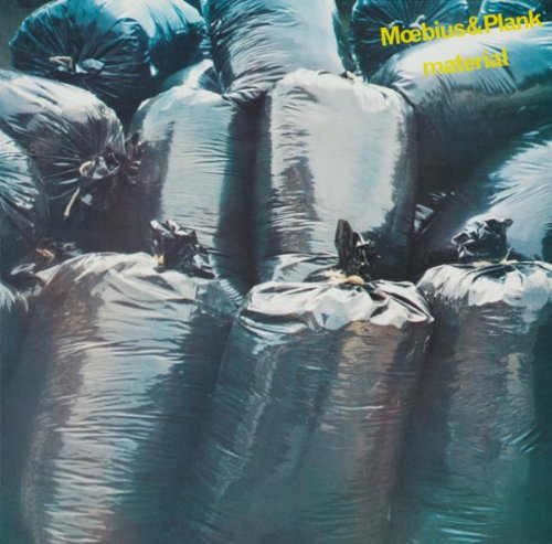 "Album cover featuring multiple black trash bags with 'Moebius & Plank material' text."