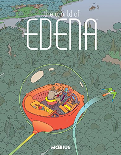 A person pilots a spherical orange craft over a dense forest in this comic illustration.