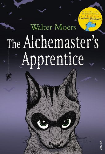 Book cover: a cat with goggles, bats, and purple, dark background.