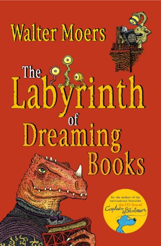 Book cover with red background, featuring a dinosaur-like creature and whimsical illustrated characters.