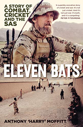 Book cover: soldier with cricket bat, titled "Eleven Bats", desert background.