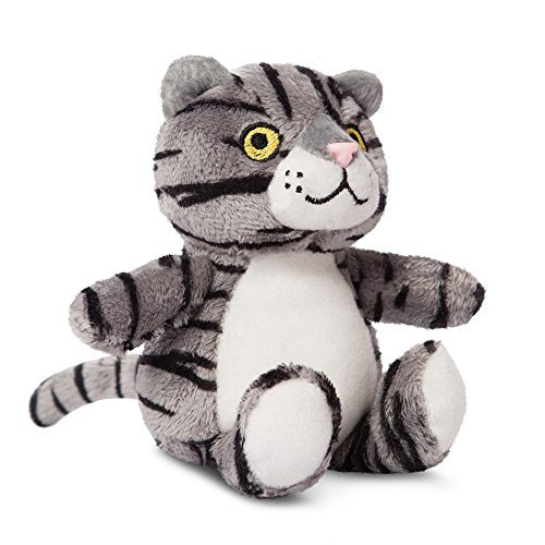 Grey striped plush cat toy, white chest and paws, yellow eyes.