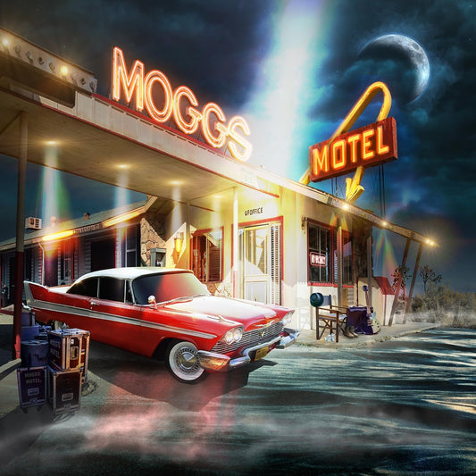 A red vintage car parked at a neon-lit motel under a night sky.