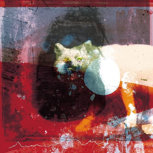 Abstract album cover with blurred face, red splatters, and a white circle.