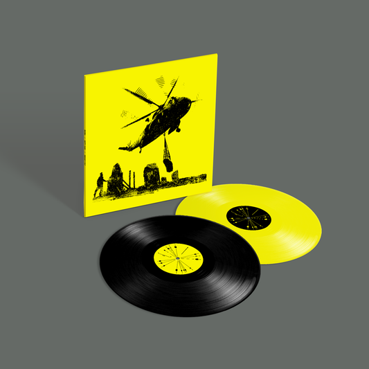 Yellow vinyl record and sleeve with a black helicopter illustration.