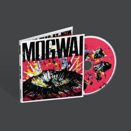 Mogwai’s “The Bad Fire” CD with abstract, fiery artwork.