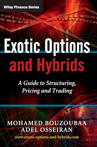 Book cover: "Exotic Options and Hybrids" with abstract red and black design.