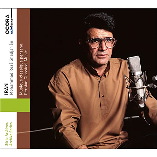 Mohammad Reza Shadjarian portrait with microphone, CD cover art.