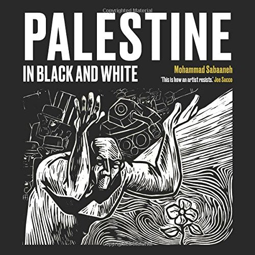 Book cover: "Palestine in Black and White" with black and white illustration.