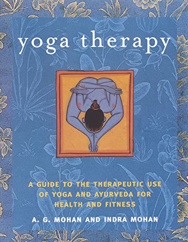 Book cover: "Yoga Therapy" with a blue and gold floral design, and a yoga pose.