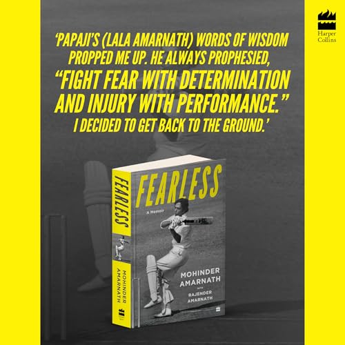 Book cover for “Fearless” memoir by Mohinder Amarnath, with a cricketer image.