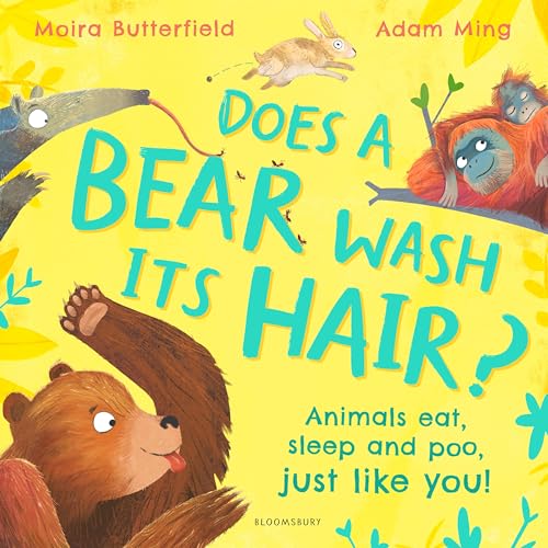 Colourful children's book cover with animals and title Does a Bear Wash its Hair?