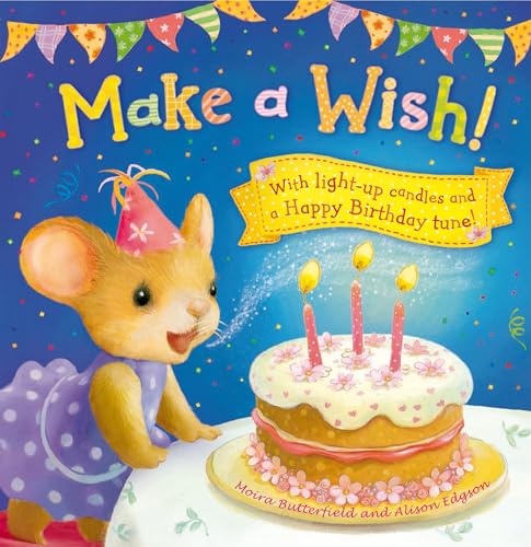 Birthday book cover with a mouse, cake, and glowing candles.