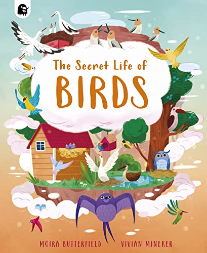 Illustrated book cover featuring various colorful birds, a birdhouse, and a nest in nature.