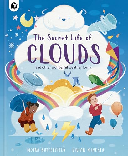 Book cover with illustrated clouds, rainbow, rain, and children with weather tools.