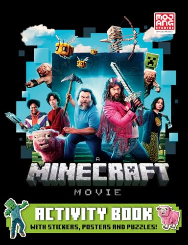 Minecraft movie activity book cover with characters and pixelated elements.