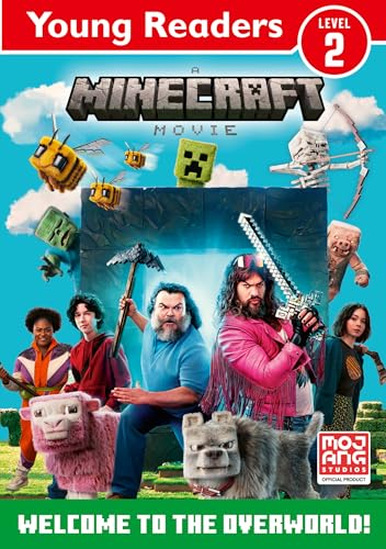 Minecraft movie cover with characters, creatures, and a blocky landscape.