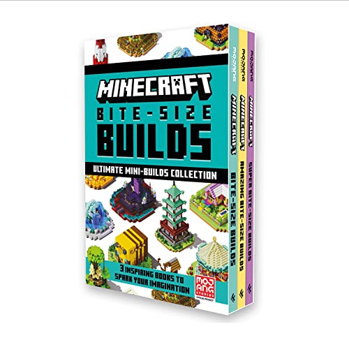 Three Minecraft building guides in a green slipcase, showing pixelated structures.