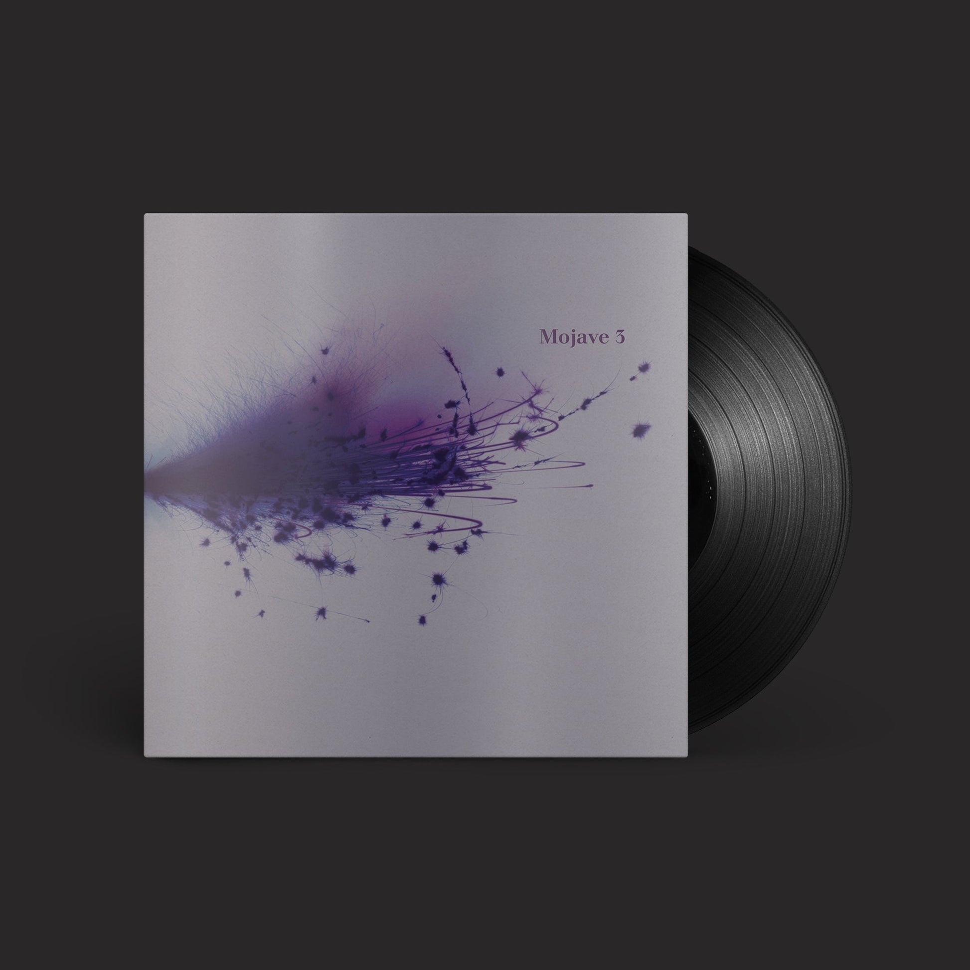 Vinyl record and cover featuring purple abstract floral splashes on a light background.