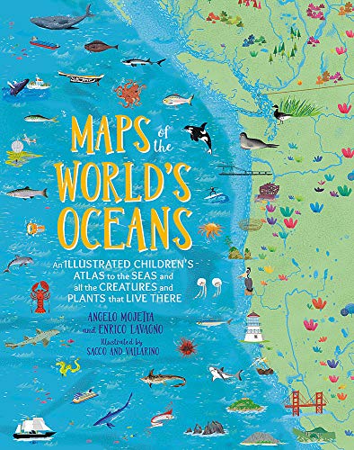 Children’s atlas cover with illustrated ocean life and world map background.