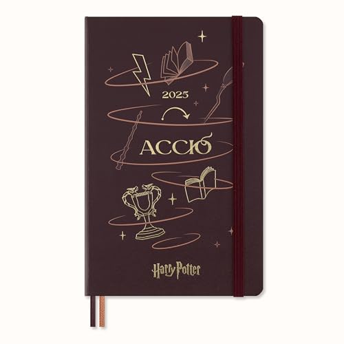 Maroon Moleskine Harry Potter 2025 planner with gold magical icons and Accio text.