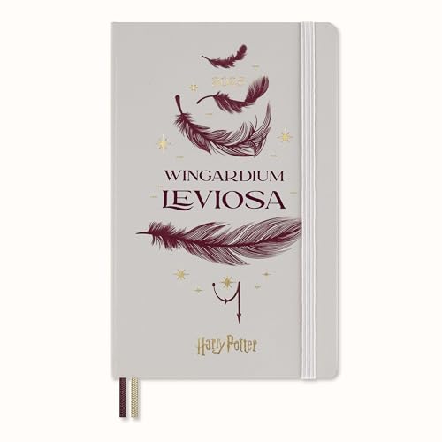 Grey Moleskine notebook with Wingardium Leviosa text, feather illustrations, and gold star accents.