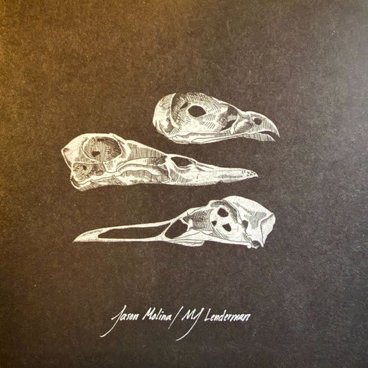 Three white bird skulls illustrated on a textured black background with white handwritten text.