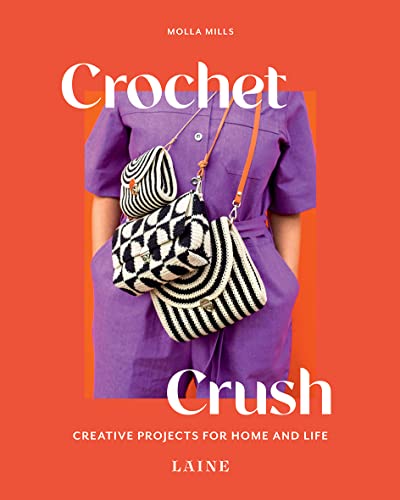 Person wearing a purple jumpsuit carrying three black and white patterned crochet bags.