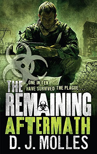 Book cover: man with rifle in post-apocalyptic landscape, biohazard symbol.