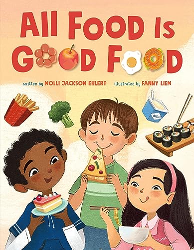 Book cover with children enjoying diverse foods like pizza and sushi.