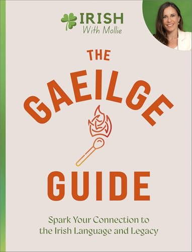 Book cover: "The Gaeilge Guide" with flame icon and author portrait.