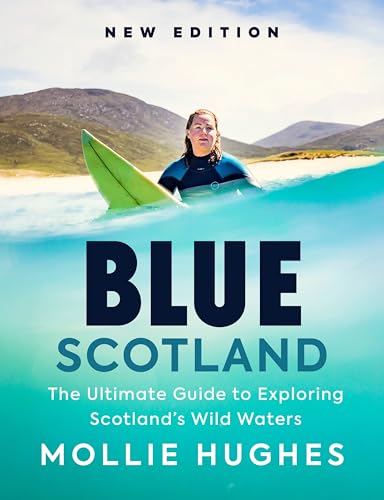 Book cover: Surfer in blue water with Scottish mountains backdrop.