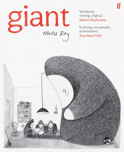 Book cover: pencil drawing of a giant with people indoors.