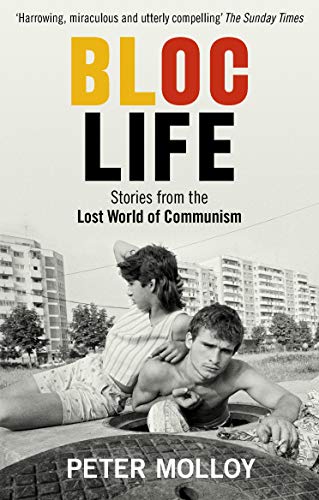 Book cover: “Bloc Life” with a couple embracing amidst Soviet-era buildings.