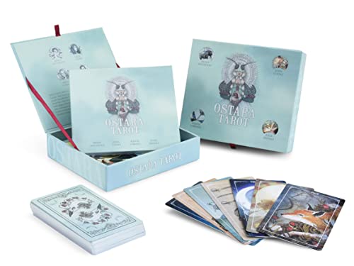Pale blue tarot box with owl image, open with cards scattered around.