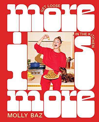 Red cookbook cover with a woman holding pasta and a dachshund.