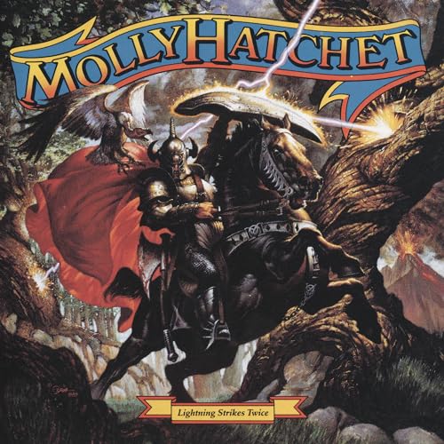 Album cover: knight on horseback with eagle, lightning, and forest background.