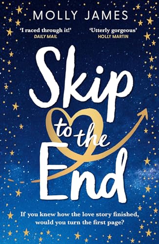 Book cover: “Skip to the End” with gold lettering and star background.
