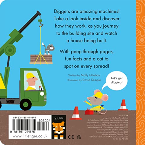 Back cover of a children's book featuring a green digger, a mouse, and text.