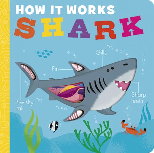 Book cover illustrating a great white shark with labeled anatomy.