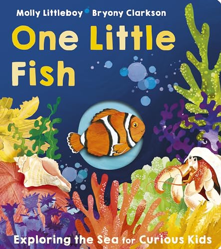 Book cover with a clownfish in a bubble, coral, and sea life.