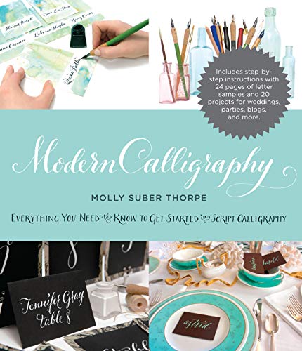 Book cover for "Modern Calligraphy" with calligraphy tools and examples.