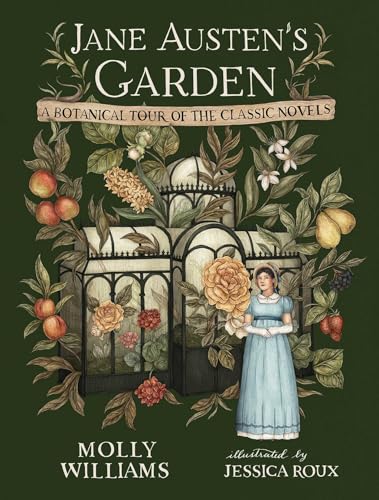 Book cover featuring a woman in a blue dress before a greenhouse with plants.
