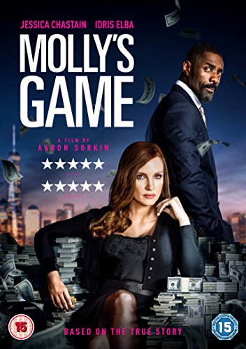 Molly's Game" DVD cover featuring Jessica Chastain and Idris Elba with money.