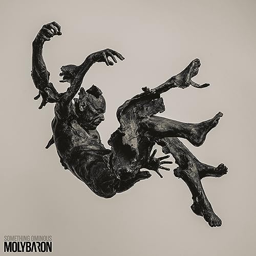 Dark, textured sculpture of a contorted figure against a neutral background.